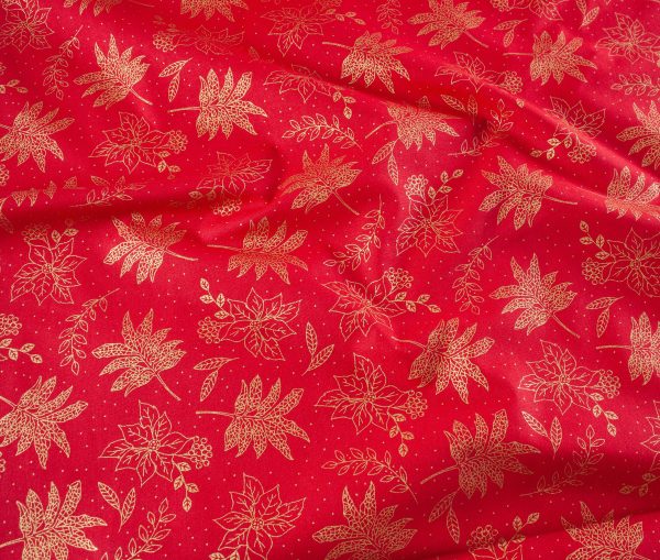 Craft Cotton Co. Christmas Metallic Gold Leaves on Red