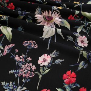 Deadstock Dressmaking Fabric - Painted Flowers on Black Viscose