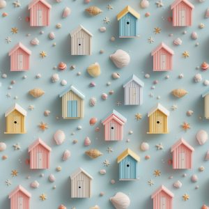 3D Beach Huts Printed Cotton - Pastel
